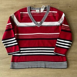 Emma James Sweater Large Petite Striped V Neck 3/4 Sleeve Knit Top Cotton
